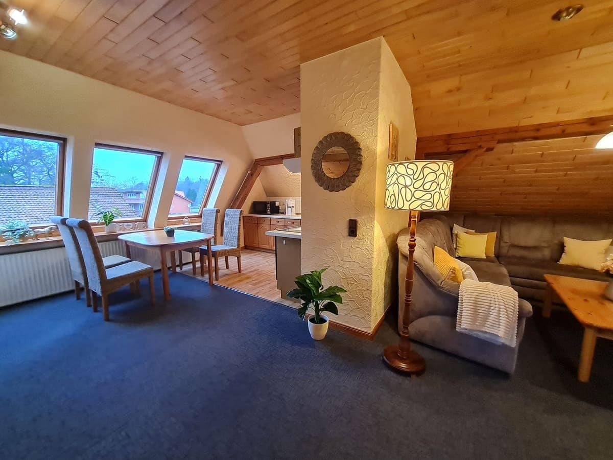 Wohnbereich und Küchenzeile Ferienwohnung Eulenflug | Unterbringung | Ferienhof & Reiterhof Lünzen